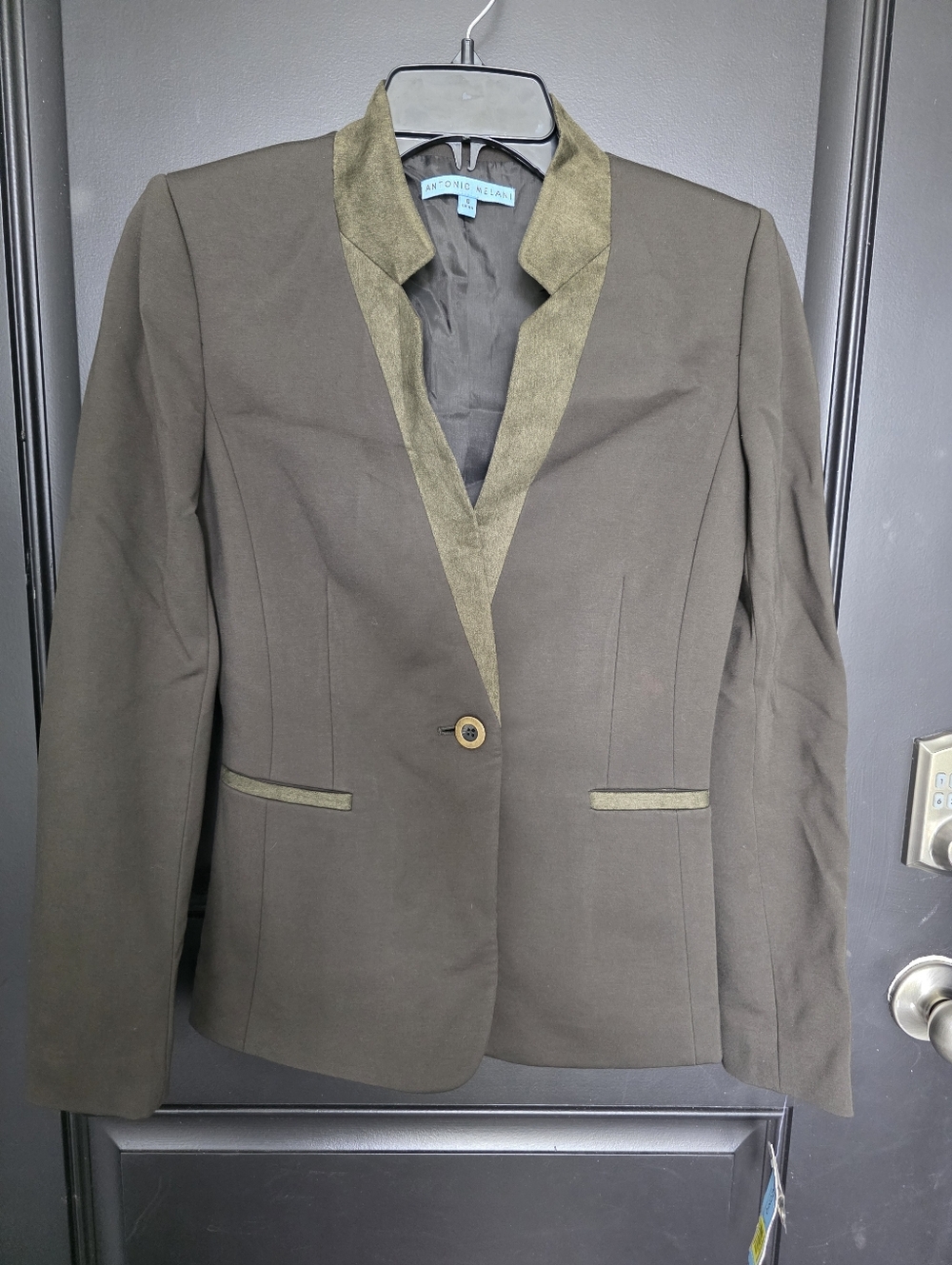 Antonio Melani Blazer Womens Size 0 Brown Olive Trim Tailored Jacket Career Chic - Picture 2 of 11